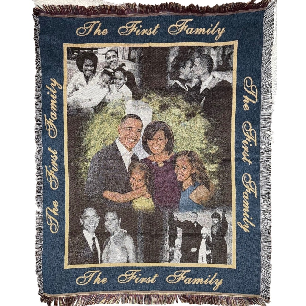 Barack Obama The First Family Woven Tapestry Throw Fringe Blanket 44th President